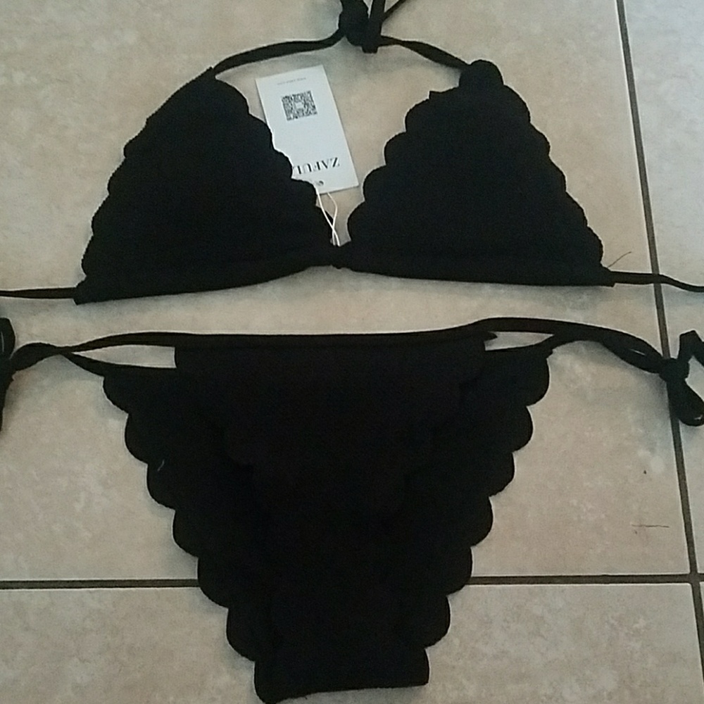 Large black scalloped string bikini